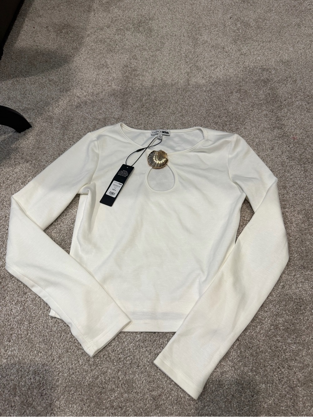 Cream Long-Sleeve Keyhole Top with Gold Accent